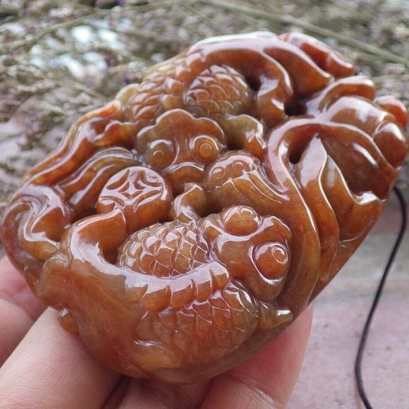 Certified Natural Myanmar Burma A Jade jadeite Gold Fish Lotus Pendant Necklace - Picture 3 of 6